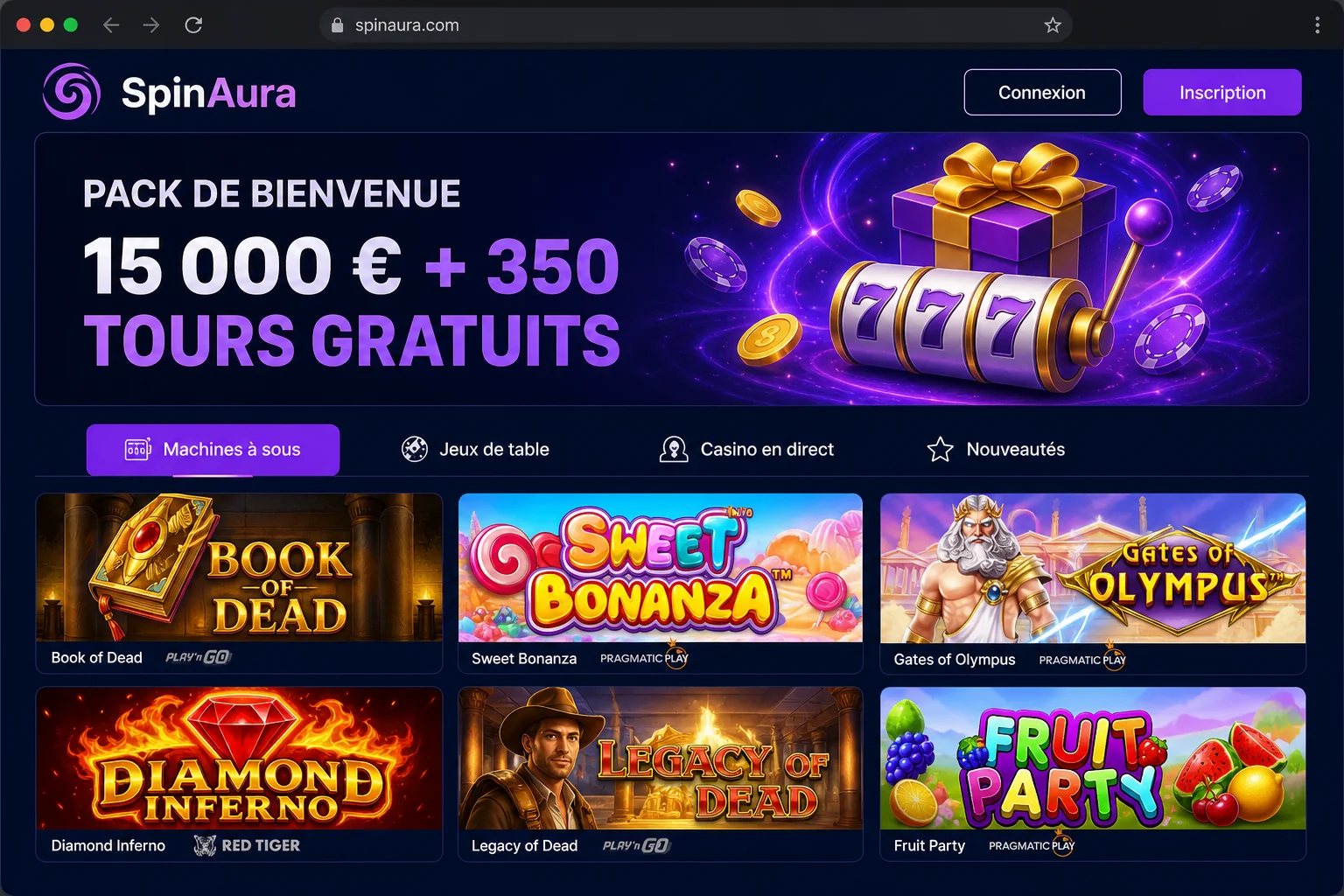 Page d'accueil localisée de SpinAura Casino en France