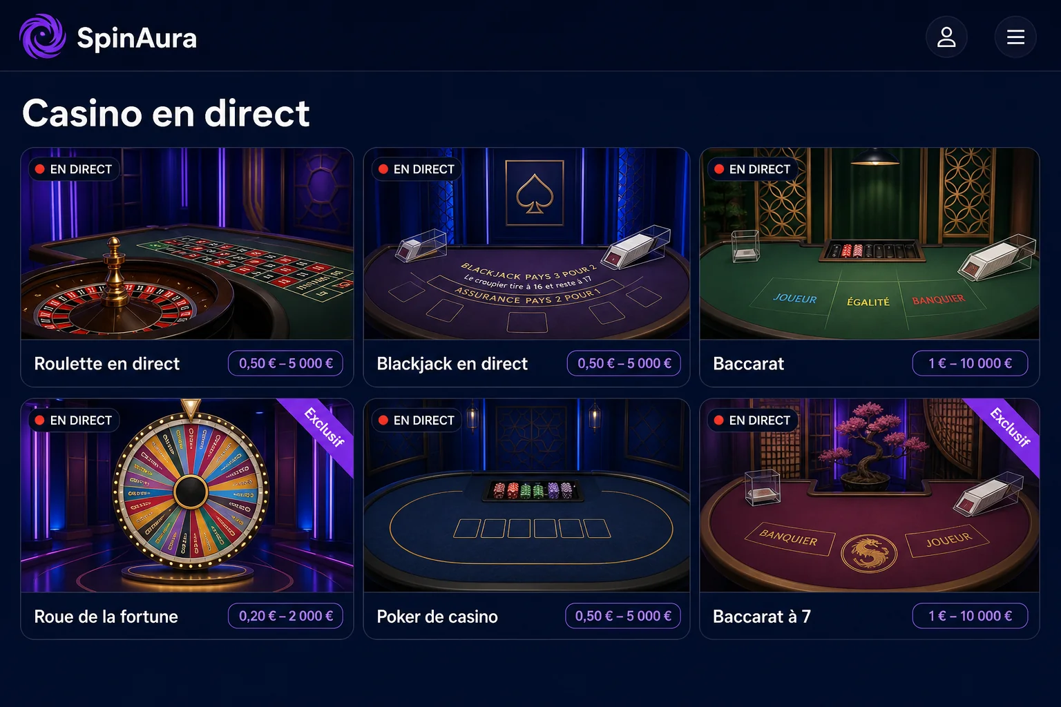 Casino en direct SpinAura avec tables Evolution
