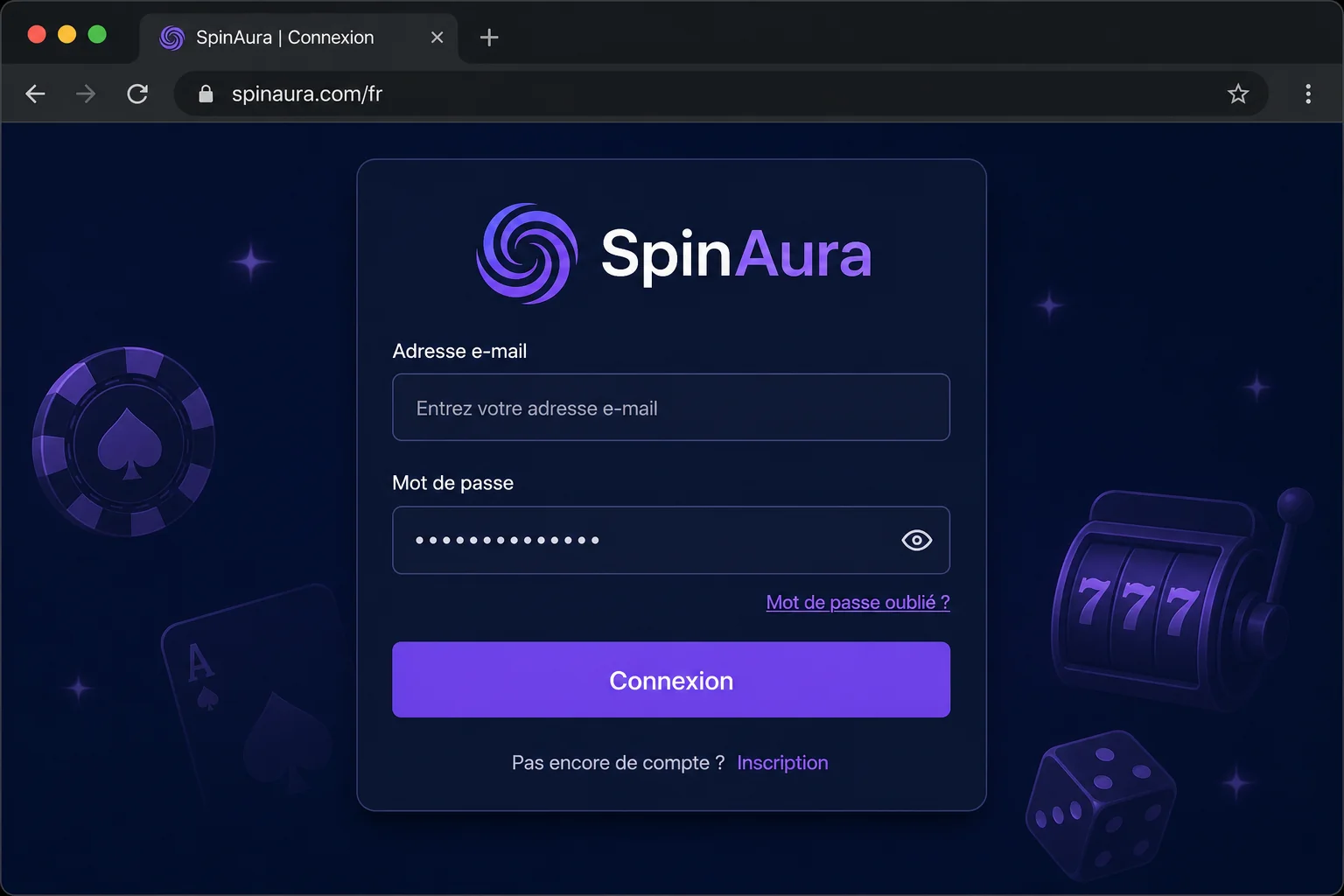 Écran de connexion au compte SpinAura
