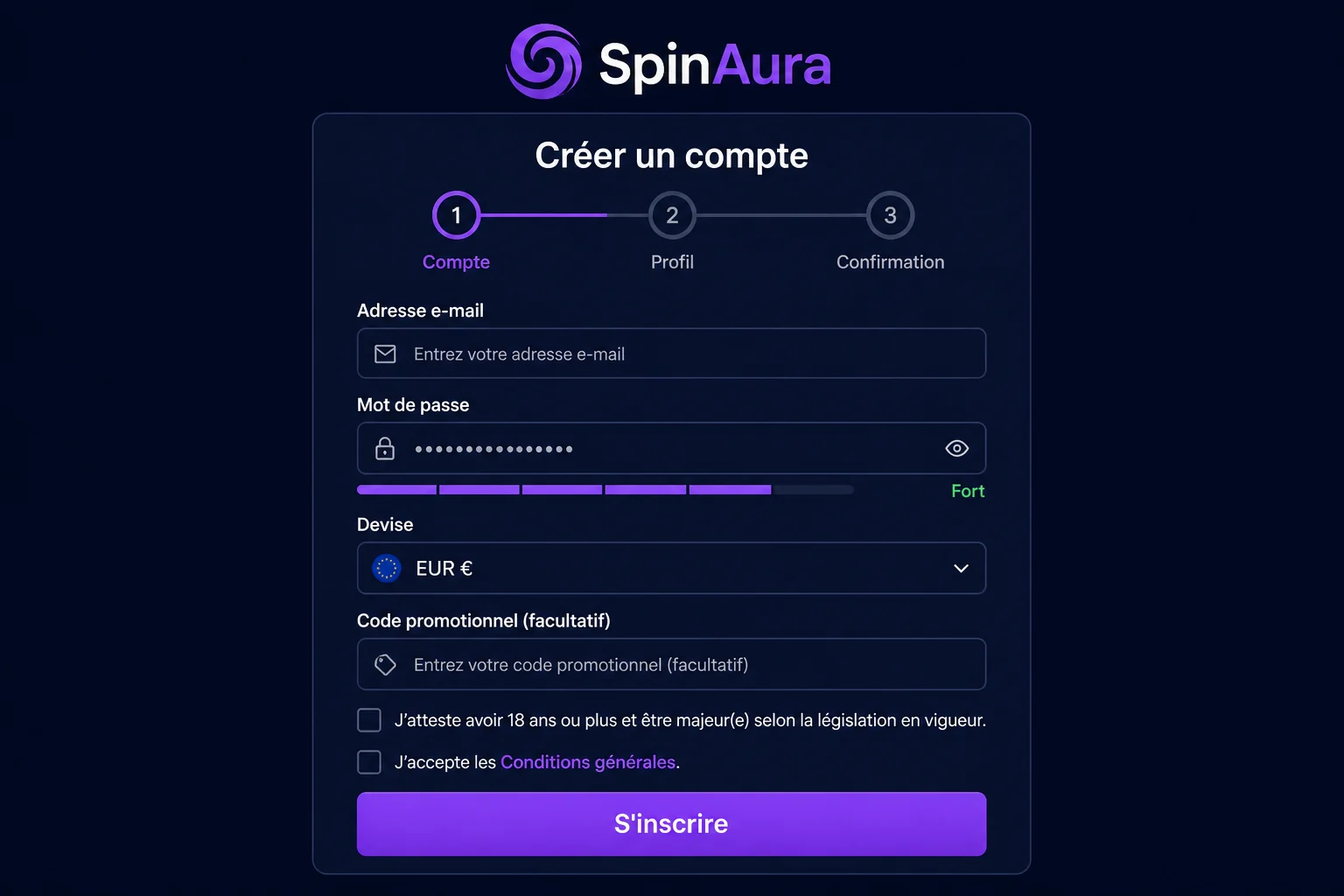 Formulaire d'inscription SpinAura Casino