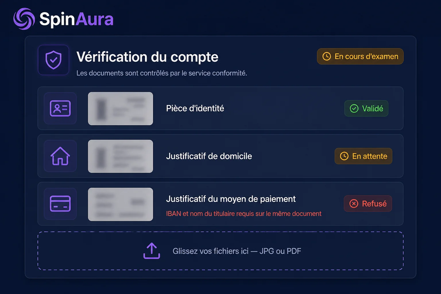 Espace de vérification KYC SpinAura